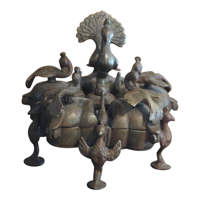 1950s Rajasthani Bronze Peacock Sindoor Box For Sale