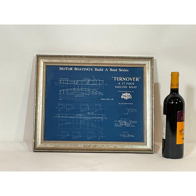 Richly colored blueprint showing the seventeen-foot sailing boat “TURNOVER”. Plan shows hull lines, deck details, hull...