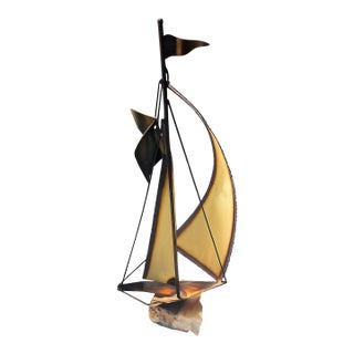 1960s Brass Sailboat Sculpture on Quartz by Jere Demott Mid Century Signed Nautical For Sale