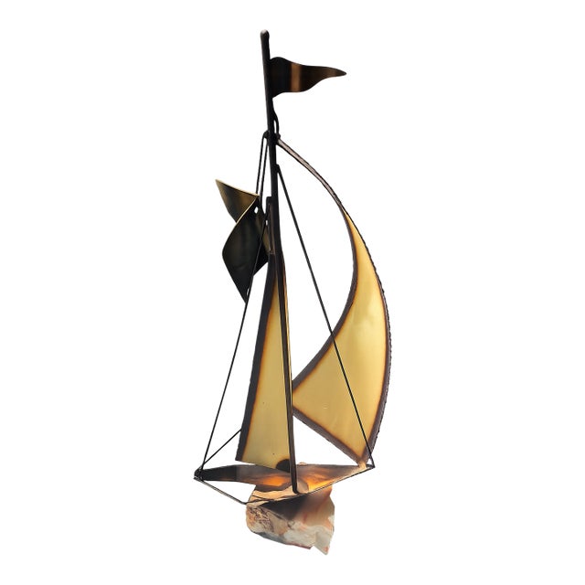 1960s Brass Sailboat Sculpture on Quartz by Jere Demott Mid Century Signed Nautical For Sale