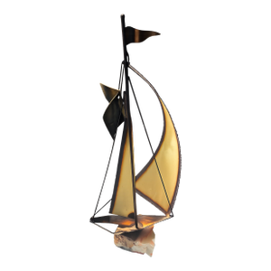 1960s Brass Sailboat Sculpture on Quartz by Jere Demott Mid Century Signed Nautical