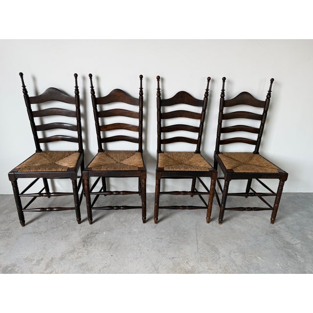 Vintage French Country Style Oak Ladder Back Rush Seat Dining Chairs – Set of 4 For Sale - Image 4 of 18