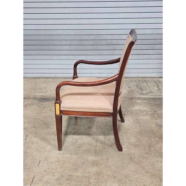 Hickory Chair Furniture Company Late 20th Century Hickory Chair Sheraton Style Arm Chair Mahogany Frame with Burl Maple Inlays For Sale - Image 4 of 6