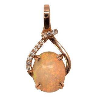 Ethiopian Opal Pendant With Natural Diamond Accents in Solid 14k Gold, 10x8mm For Sale