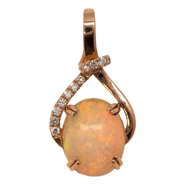 Ethiopian Opal Pendant With Natural Diamond Accents in Solid 14k Gold, 10x8mm For Sale