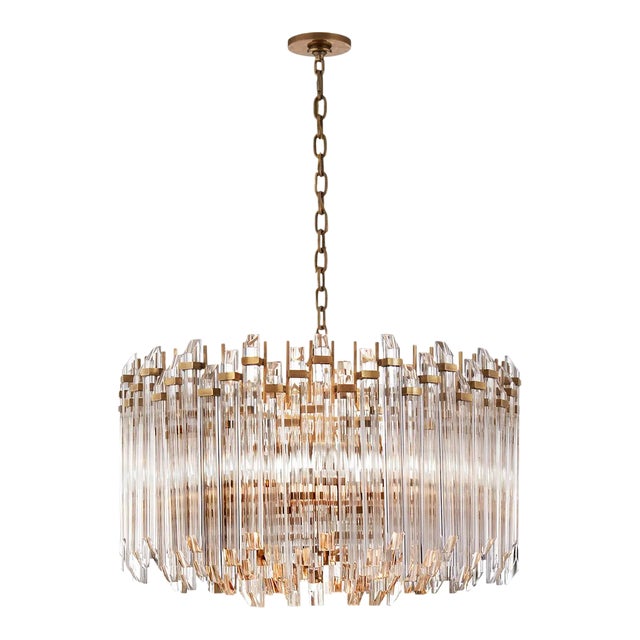 Suzanne Kasler for Visual Comfort Signature Adele Large Wide Drum Chandelier in Hand-Rubbed Antique Brass with Clear Acrylic For Sale