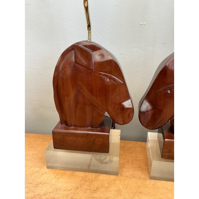 Vintage Carved Wood Horse Lamps on Lucite Base - A Pair For Sale - Image 11 of 17