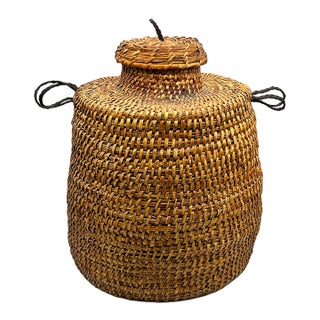 Apache Tus Pitch-Coated Lidded Basket With Horsehair Handles, C. 1940–1950 For Sale