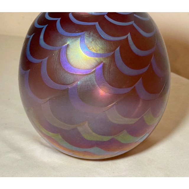 Purple Original 1996 Hand Blown Aurene Iridescent Rick Strini Pulled Wave Glass Vase For Sale - Image 8 of 13