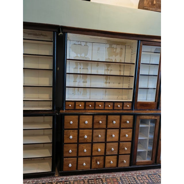 Large Wood Pharmacy Display Cupboard with Drawers, Early 1900s, Set of 4 For Sale - Image 3 of 18
