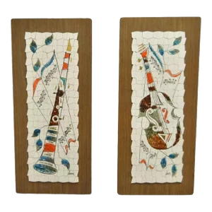 Vintage Andre Mid-Century Modernist Abstract Music Instrument Tile Wall Art- a Pair