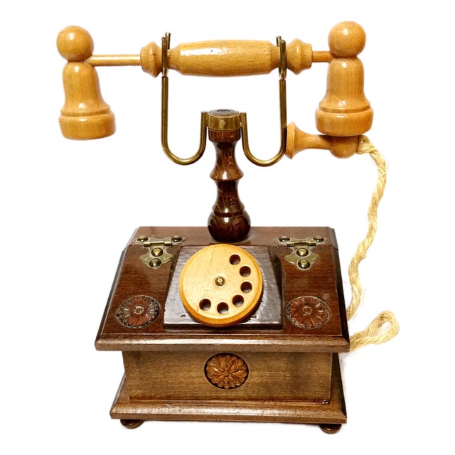 Vintage Hand-Carved French Style Wood Rotary Phone Style Trinket Jewelry Box For Sale