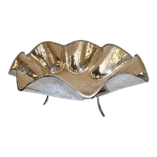 Hollywood Regency Large Hand Hammered Footed Silver-Plated Lotus Leaf Bowl 1970 For Sale