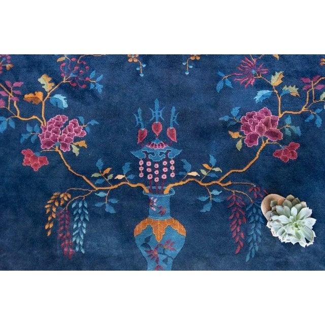 Textile 1920s Antique Chinese Art Deco Rug Medallion Botanical Royal Blue Hand Knotted Manchester Wool Rug - 12’3” X 14’5” For Sale - Image 7 of 10