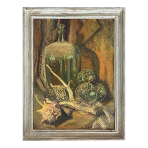 Vintage Post Impressionist Nautical Still Life With Seashell & Glass Jar, Signed (Oil on Board)