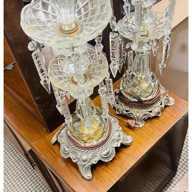 Antique Bohemian Cut Crystal Pendants Table Lamps - a Pair For Sale In Miami - Image 6 of 6