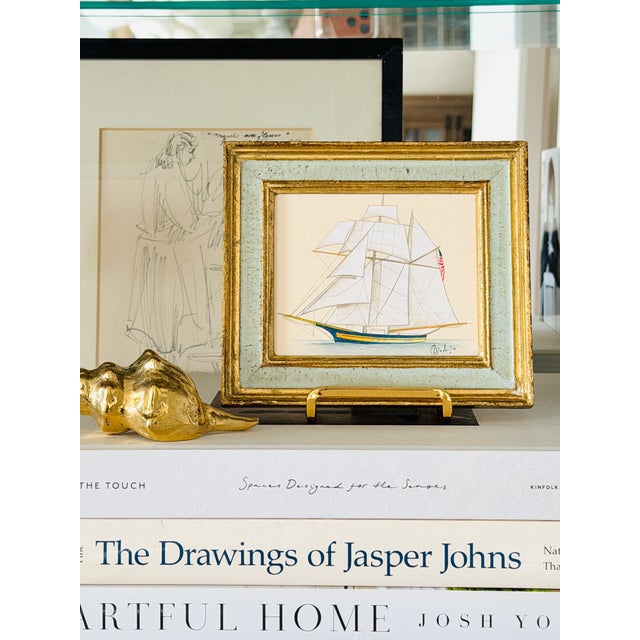 Original Hand-Painted Sailboat Painting in a Vintage Italian Frame For Sale - Image 4 of 4