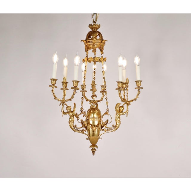 French Early 19th Century Louis XVI Style Doré Bronze Cherub Putti Chandelier For Sale - Image 3 of 12