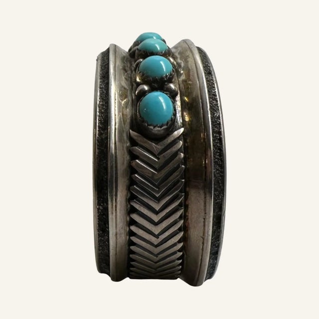 Late 20th Century Late 20th Century Sterling Silver Cuff Bracelet With Turquoise Cabochons by Navajo Jeweler R.J. Apacheto For Sale - Image 5 of 7