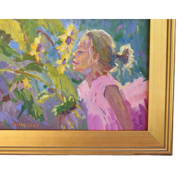 Imprsionist Sunflowers and young girl in pink oil painting on artist canvas board by listed artist Silvio Silvestri...