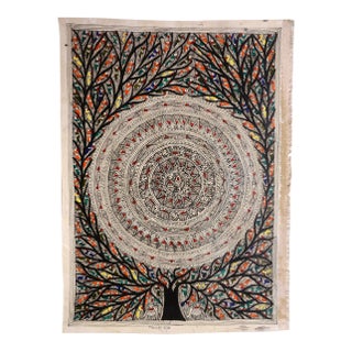 Mamta Devi, 2016 National Award-Winning Artist – Hand-Painted Madhubani Folk Painting on Canvas, Tree of Life, Colorful Birds & Intricate Mandala For Sale