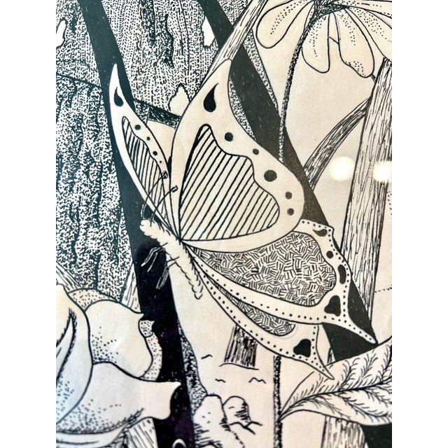 1978 Original Pen and Ink Drawing Set of 2, Framed, Mushrooms and Butterflies For Sale - Image 4 of 10