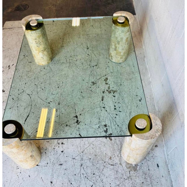 Metal 1980s Monumental Karl Springer "Sculpture" Coffee Table in Tessellated Stone & Brass For Sale - Image 7 of 9