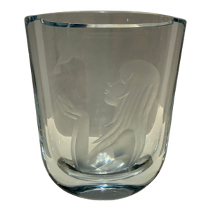 Signed Strombergshyttan Sweden Engraved Art Glass Vase – Woman & Bird – 8.5”