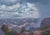 The painting captures a dramatic view of a canyon under a moody sky, where dark clouds gather and sunlight breaks through,...