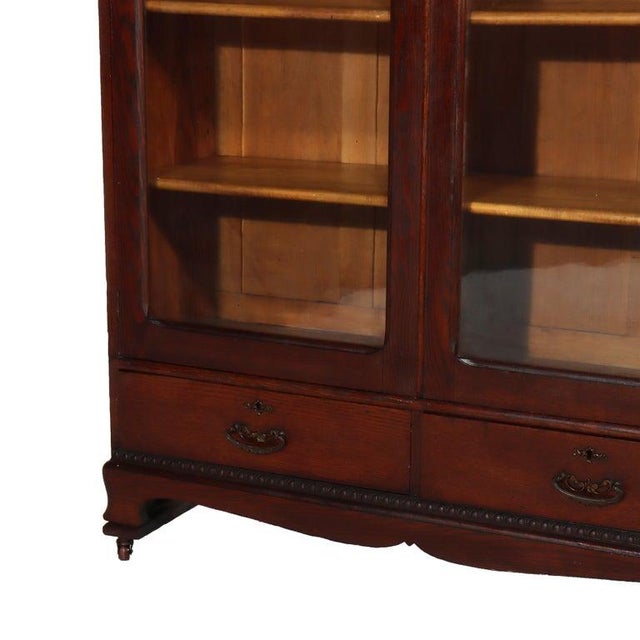 Arts & Crafts Oak 2-Door & 2-Drawer Bookcase With Cutout Gallery C1910 For Sale - Image 4 of 16