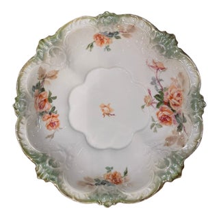 Antique Rs Prussia Porcelain Bowl 10.5" Pink Orange Floral Roses Scalloped Edge For Sale