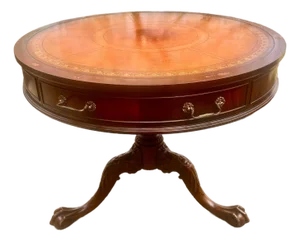 Antique English Chippendale Style Mahogany Leather Top Center Table & Mirror Top