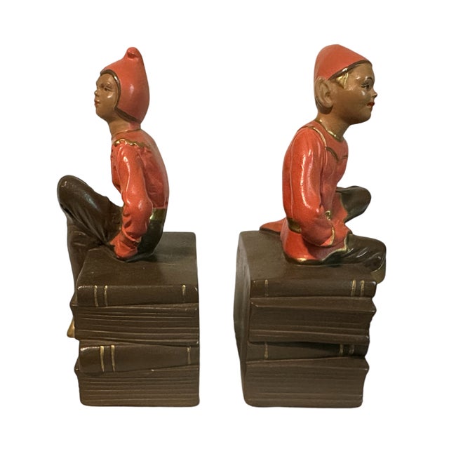 Mid-Century Modern Vintage 1950s Alexander Backer Chalkware Pixie Elf Bookends Pair - Original Sticker & Felt For Sale - Image 3 of 7