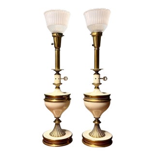 1950s Rembrandt Masterpiece Brass & Ivory Table Lamps With Original Glass Shades - a Pair For Sale