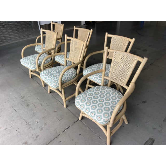 Late 20th Century Vintage Organic Modern Rattan Swivel Dining Chairs With Arms and Cane Backs – Set of 6 For Sale - Image 5 of 17