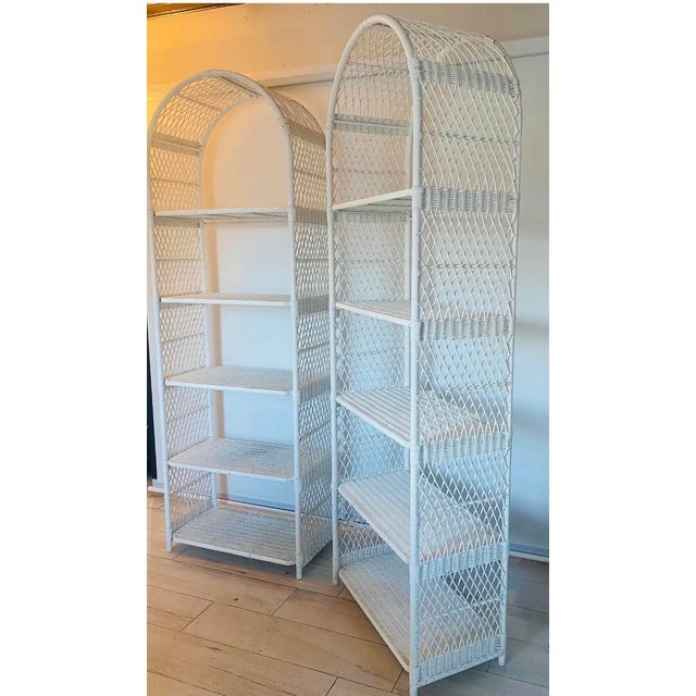 1970s Vintage Boho Chic Arched Rattan & Wicker Bookcases Étagère- a Pair For Sale - Image 12 of 12
