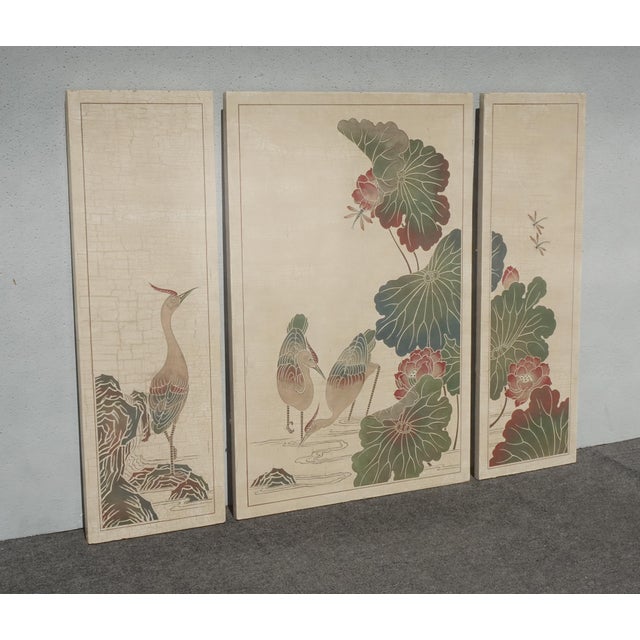 Asian Vintage Oriental Asian Three Panel Picture Screen Crackle & Etched Finish For Sale - Image 3 of 16