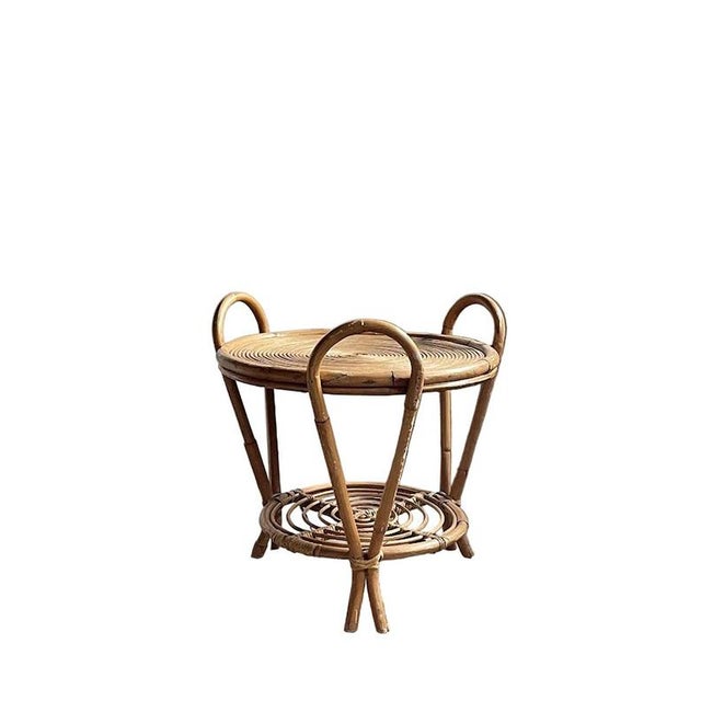 Wood Vintage Sculptural Two-Tier Rattan Side Table with Loop Handles, Japan, 1970s For Sale - Image 7 of 7