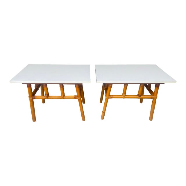 Mid - Century John Wisner for Ficks Reed Style Rattan Side Tables - A Pair For Sale
