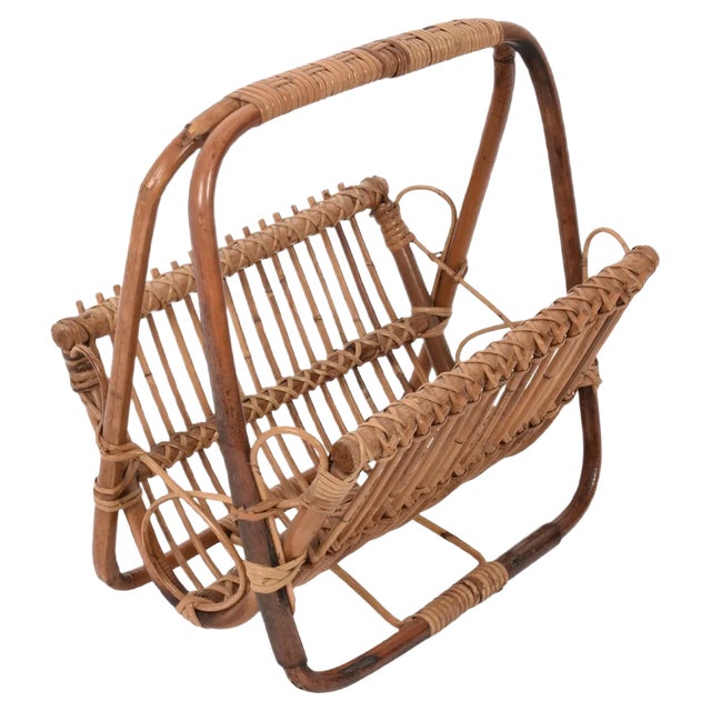 Mid-Century Italian French Riviera Bamboo & Rattan Magazine Rack, 1960s For Sale