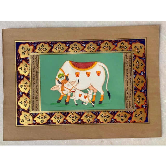 Hand Painted Miniature Sacred Cow & Calf on Sanskrit Manuscript with Gold Border, 1970s For Sale - Image 4 of 4