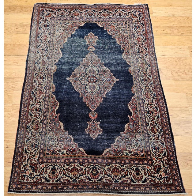 Navy Blue Vintage Kashan Rug, Hand-Knotted Wool, Open Field Pattern, Navy & Ivory, 3x5 For Sale - Image 8 of 16
