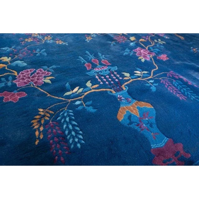 Royal Blue 1920s Antique Chinese Art Deco Rug Medallion Botanical Royal Blue Hand Knotted Manchester Wool Rug - 12’3” X 14’5” For Sale - Image 8 of 10