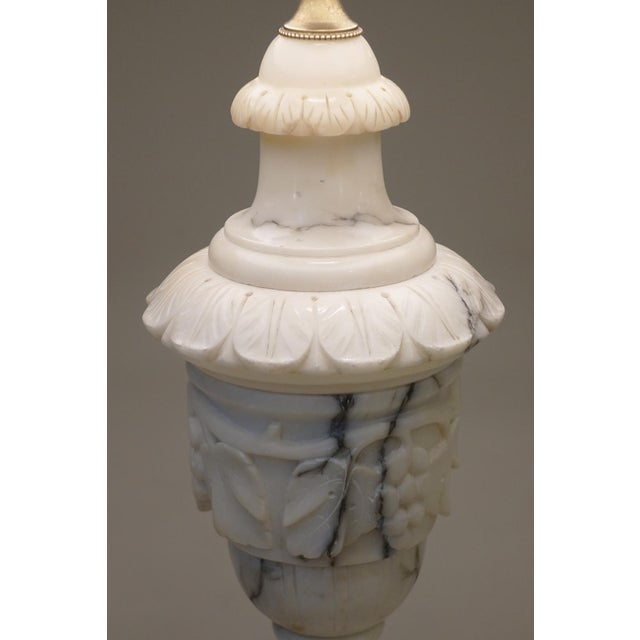 Antique White Neoclassical Urn Carved Grapes Leaves Carrara Marble Brass Table Lamp 1930's Italy For Sale - Image 8 of 13