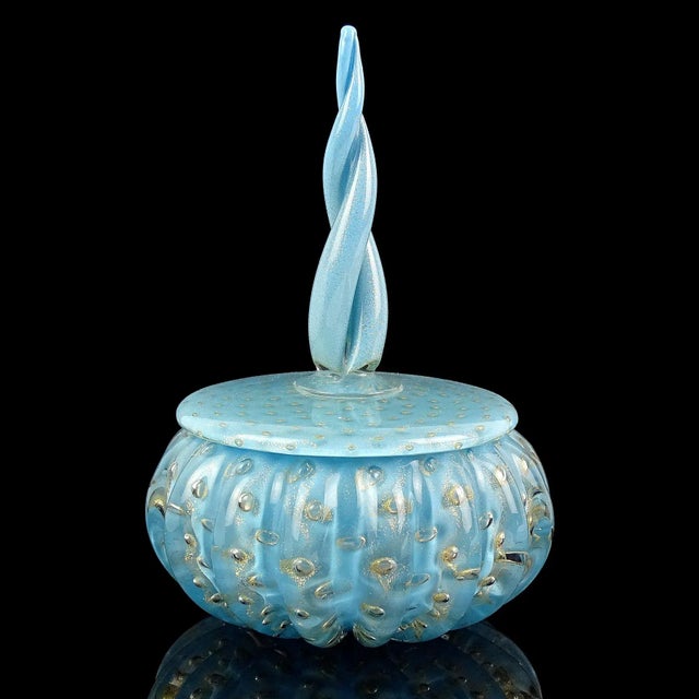 Beautiful vintage Murano hand blown blue, gold flecks and controlled bubbles Italian art glass powder / jewelry box....