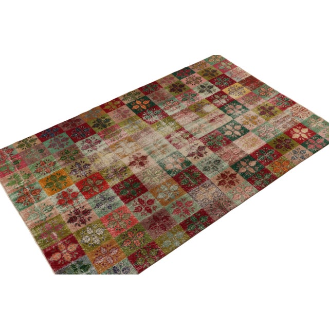 Art Deco 1960s Vintage Distressed Rug in Multicolor Geometric Pattern, Floral Motifs For Sale - Image 3 of 7