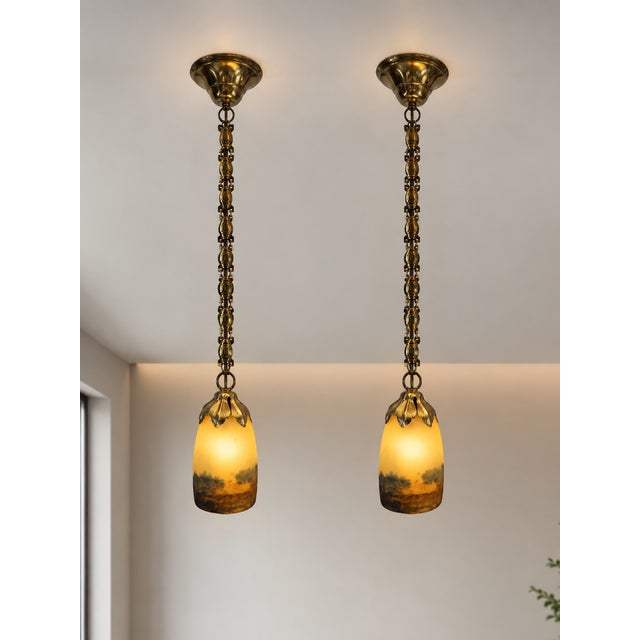 Art Deco French Cameo Glass and Gilt Brass Pendant Lights from Degué, 1930s, Set of 2 For Sale - Image 9 of 9