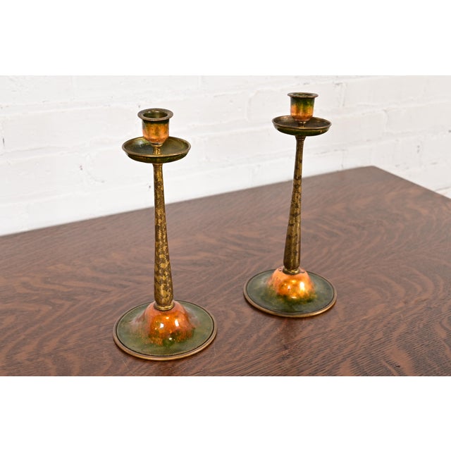 Tiffany Studios Louis Comfort Tiffany Furnaces Favrile Bronze and Enamel Candlesticks, Pair For Sale - Image 4 of 12