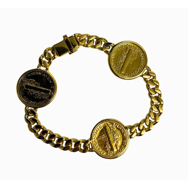 Genuine Vintage American Usa Dollar Coin Curb Link Yellow Gold Vermeil Sterling For Sale - Image 4 of 9