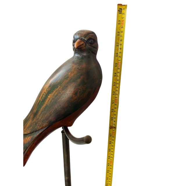 Brown 1980s Monumental Hand-Carved Wood Parrot Sculpture on Brass Stand — 58” Tall For Sale - Image 8 of 10